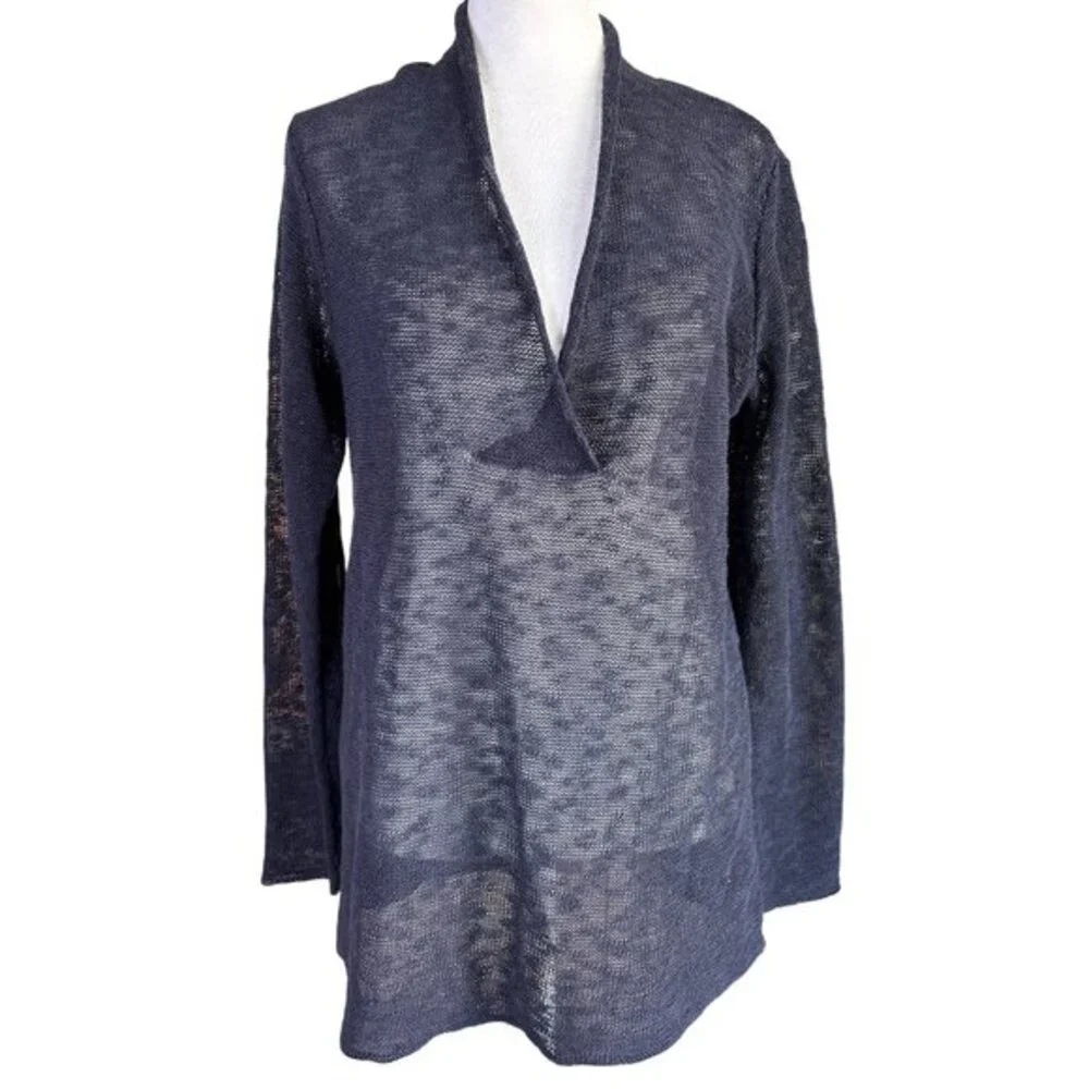 Eileen Fisher Women's Pullover Sweater Size Small V Neck Linen Cotton Blend Navy